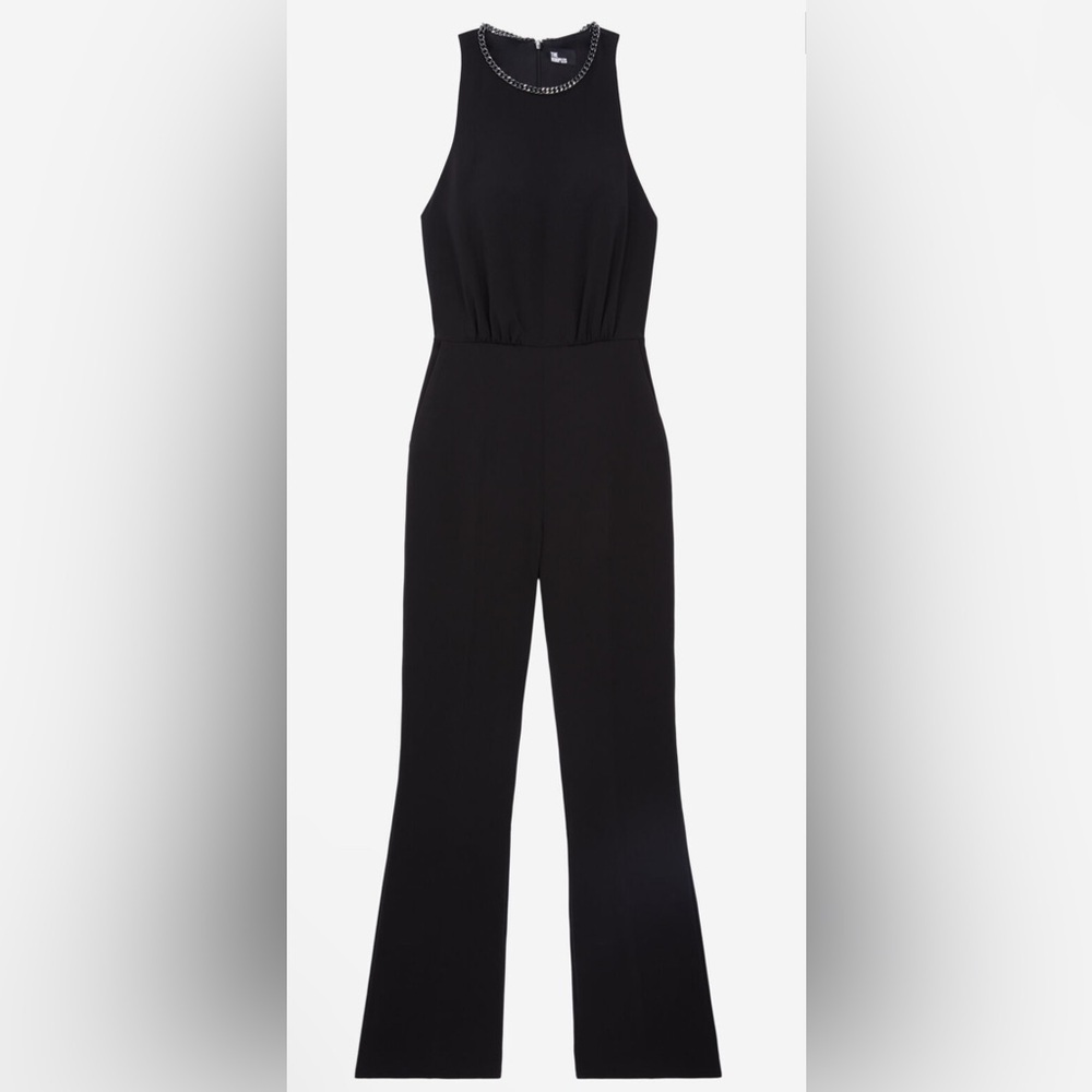 NWT The Kooples BLACK CREPE JUMPSUIT with Silver Chain Neck Detail